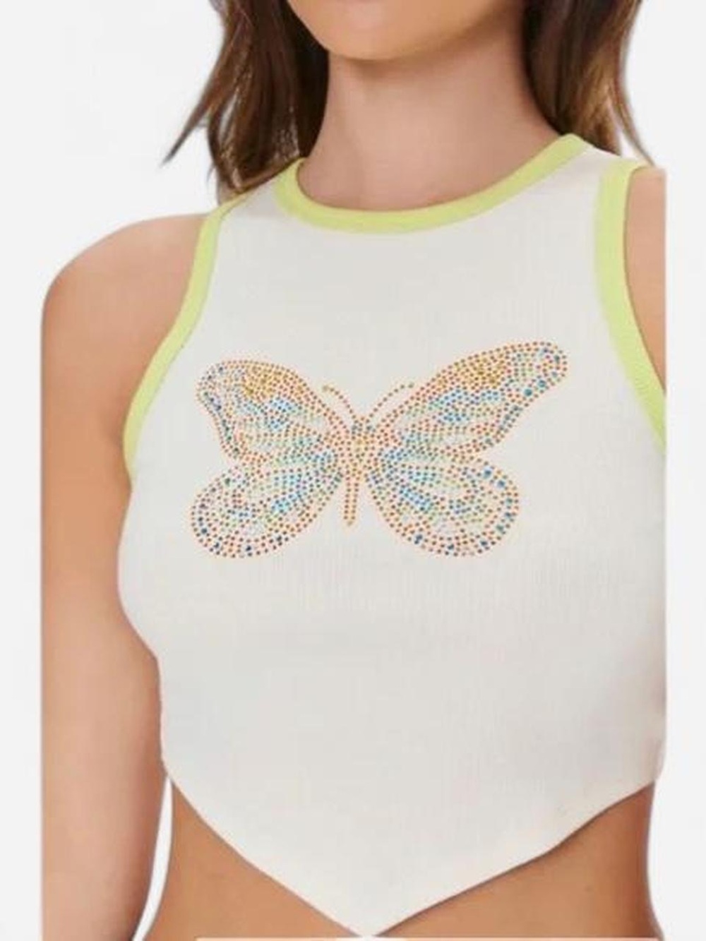 Forever 21 Cream Cropped Tank Top with Rhinestone Butterfly and Green Trim